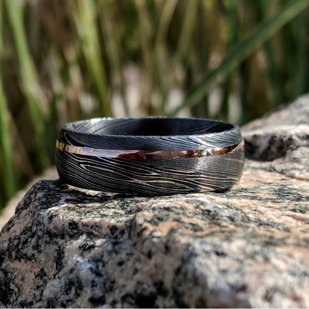 New 8mm Wide Damascus Steel Ring with 14k Solid White Gold Inlay